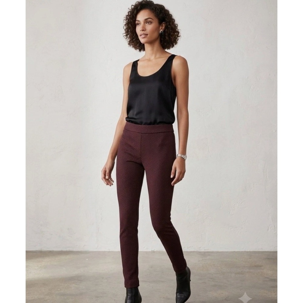 Theory Women Burgundy Black Diagonal Stripe Pull On Slim Leggings Size M